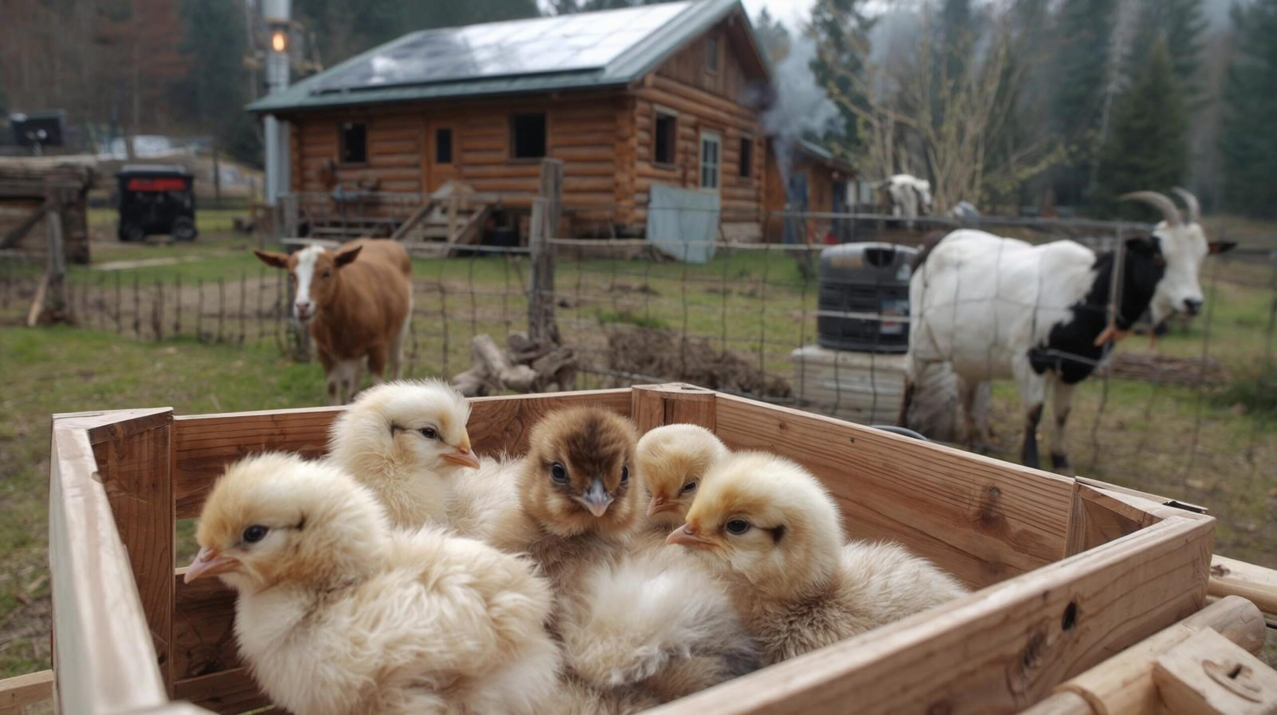 5 baby hens and goats on off-grid home