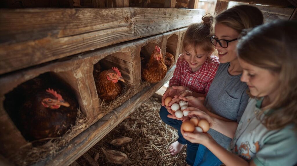 Hens laying eggs for a family to eat at their off-grid homestead