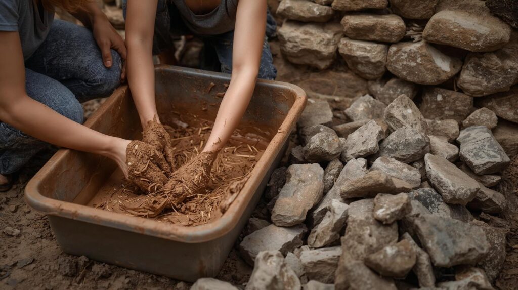 clay, sand and straw are mixed together to create mortar with the help of the right amount of water and some muddy fun