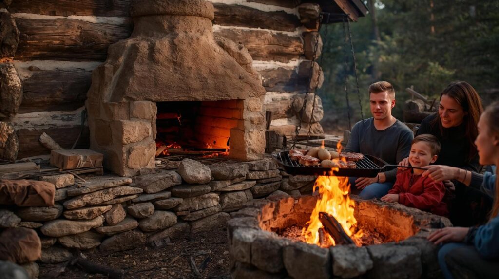 Family around fire pit and cabin built with brick, wood and mortar