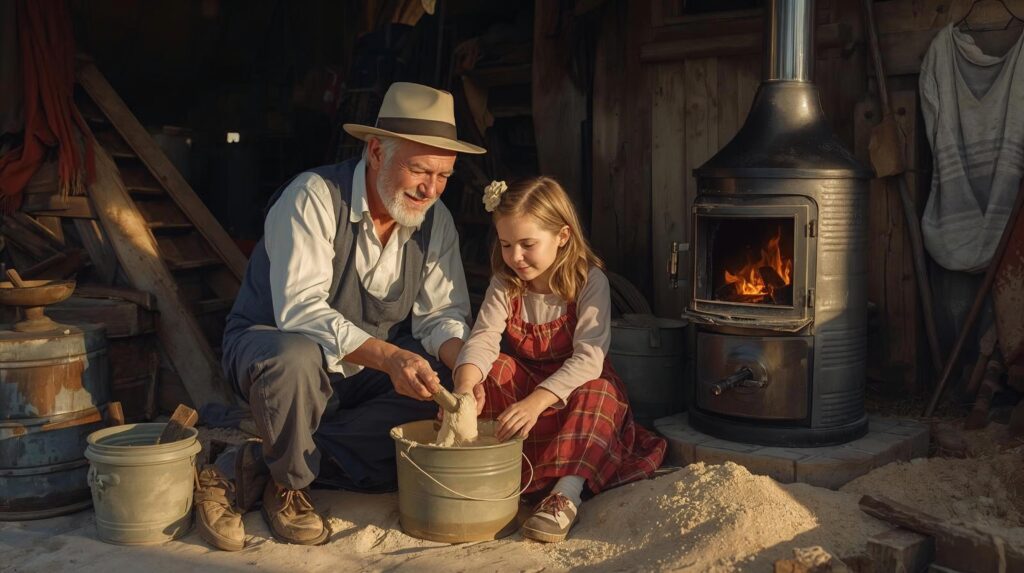 Lime-Sand Mortar is created in a bucket with the help of grandpa and granddaughter, old farm setting.  sitting together next to a new rocket fire stove