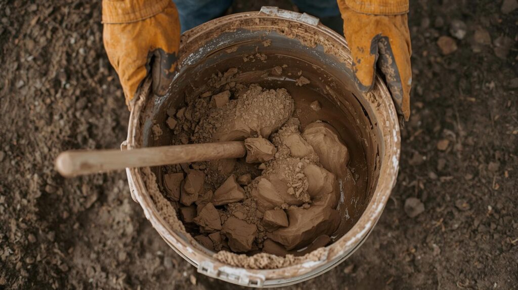 Person wearing work gloves stirring clay mortar mixture in a large 5-gallon bucket with a wooden stick