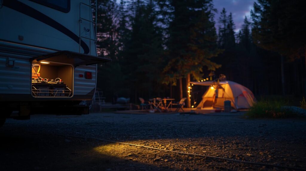 RV showing its battery packs, lights at seasonal camp site are lit up, forest background