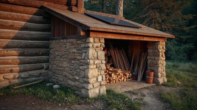 Rustic-stone-and-log-storage-shed-attached-to-log-cabin-wall-stone-foundation-and-lower-walls-with-thick-beige-clay-mortar-scaled