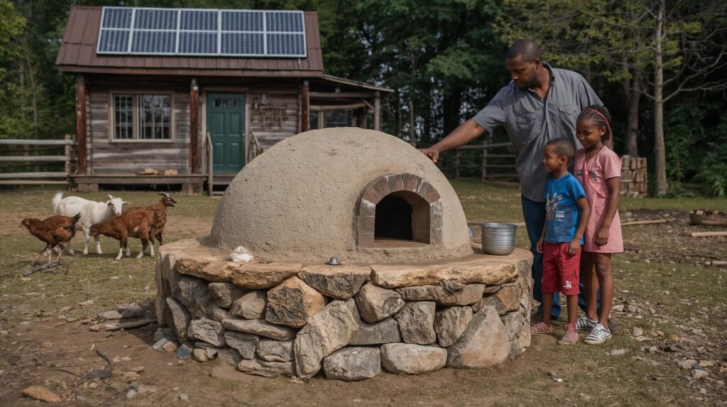 Small oven_ local round natural Stone pizza oven built with mortar and stone cultivated from the local off-grid farm (solar panel on wooden cabin, filled with mortar in the background) with goats and chickens