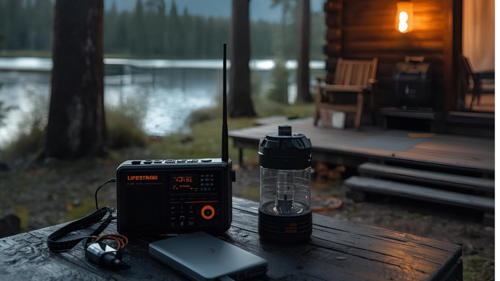 Essential off-grid gear under $110 in front of a cabin next to a mountain lake.
