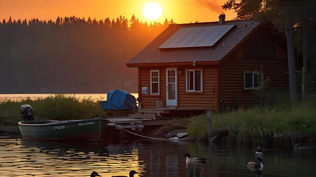 off-grid cabin in the forest along a lake