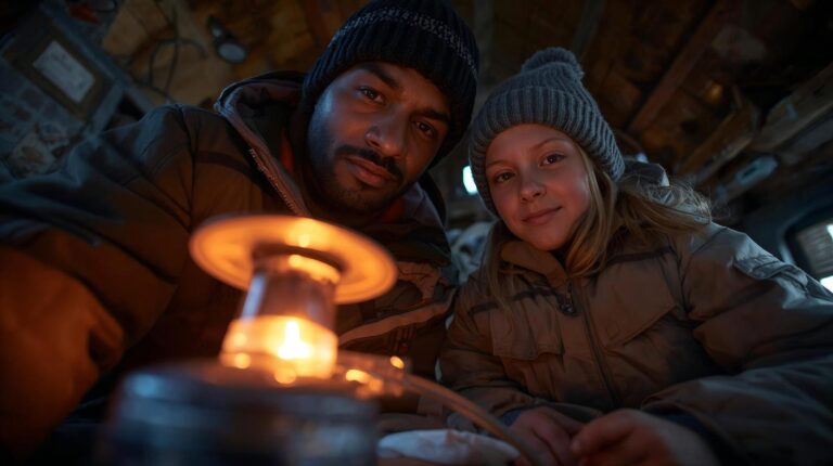 Father and daughter warm up next to a small propane heater inside their cabin during winter
