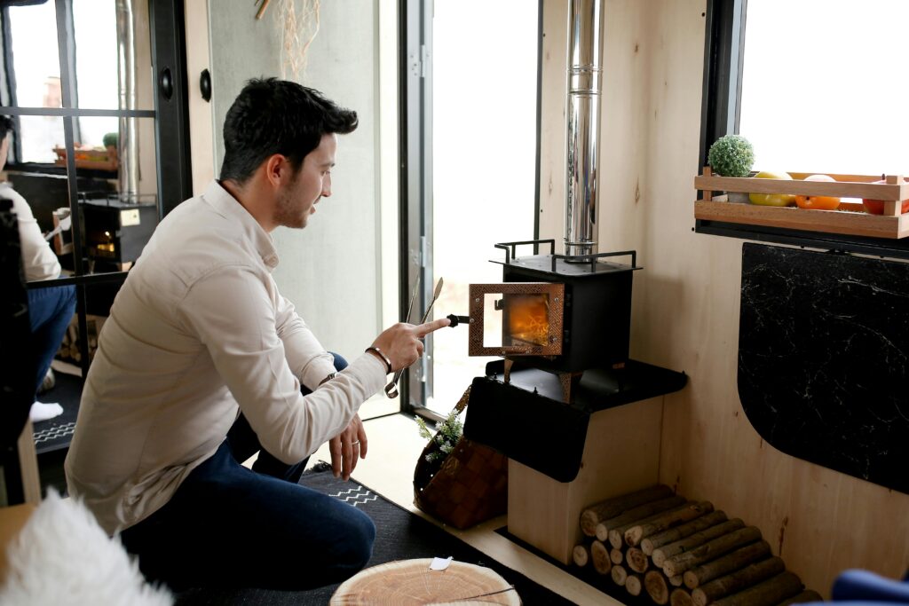 Wood burning stove in small off-grid cabin