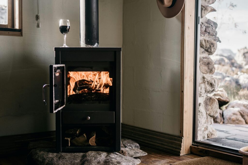 Wood burning stove in small off-grid cabin