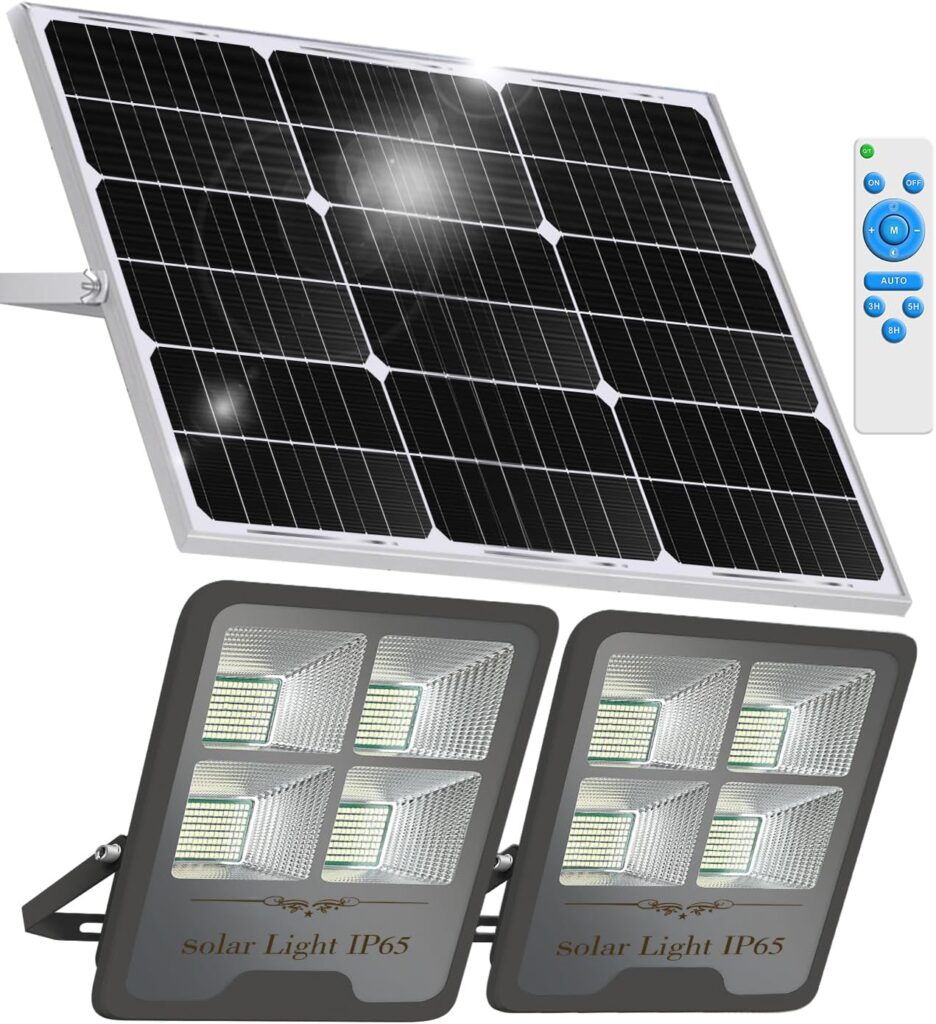 Gebosun Black 2-Pack 300W LED Solar Flood Light, Remote Controlled, Dusk to Dawn, 30,000Lumen, 6000K, IP65 Waterproof for Shed Backyard Garden