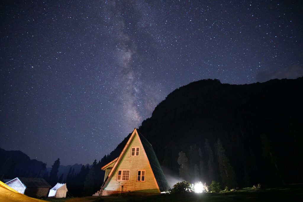 Spot light bright in the mountain night